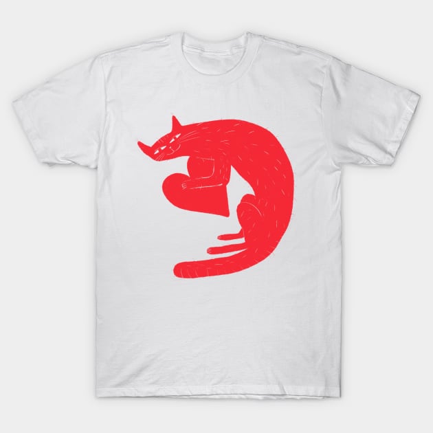 Funny hunchbacked red cat holding heart T-Shirt by iulistration